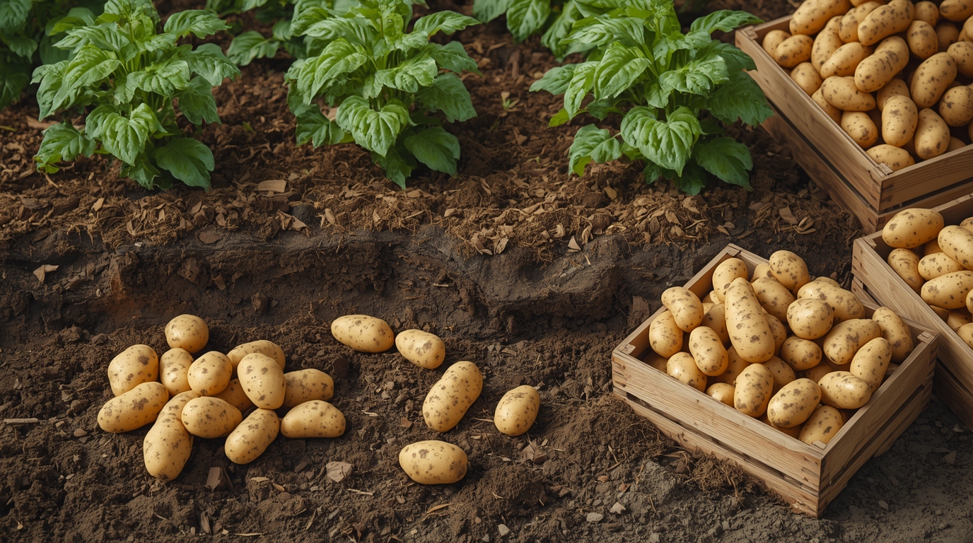 Fresh potatoes in soil