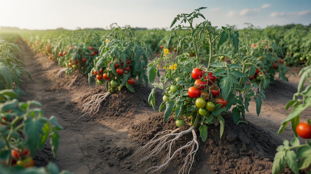Organic tomato plants in field