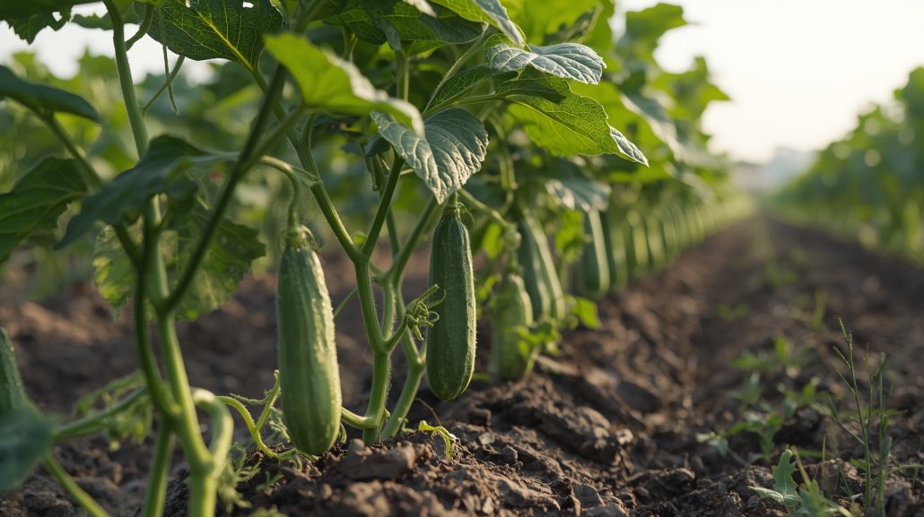 Healthy cucumber plants in field