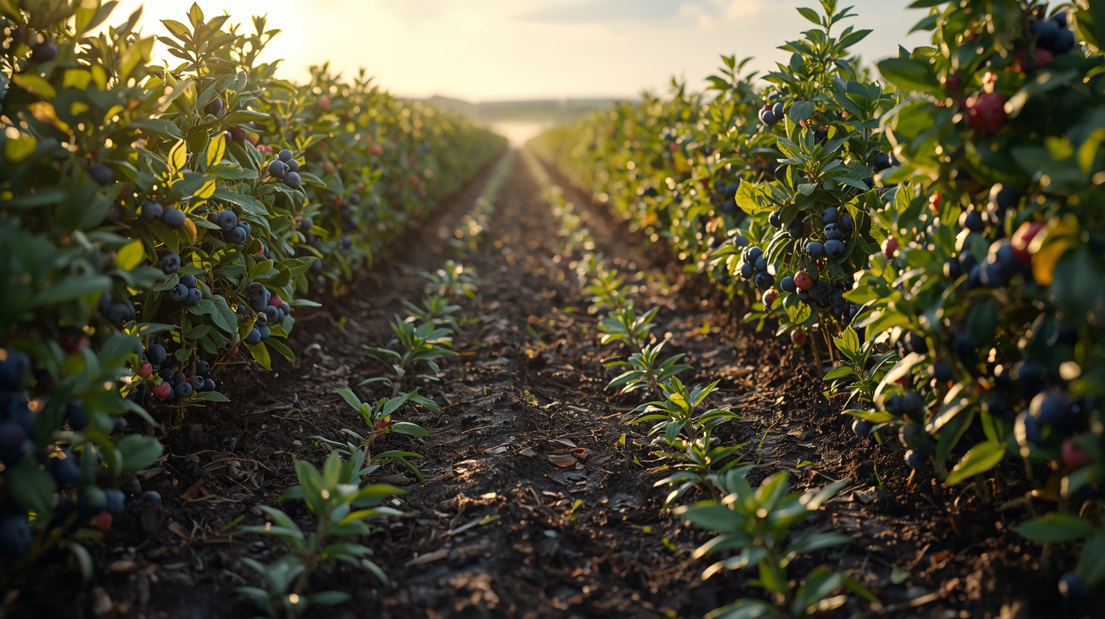 Blueberry field at sunset