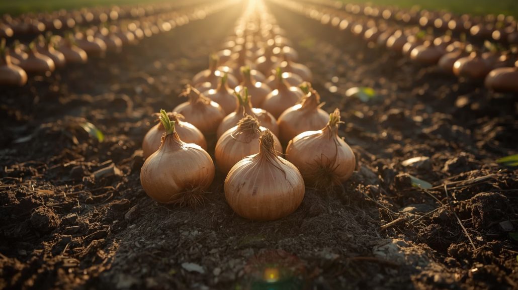 Fresh onions in sunlit field