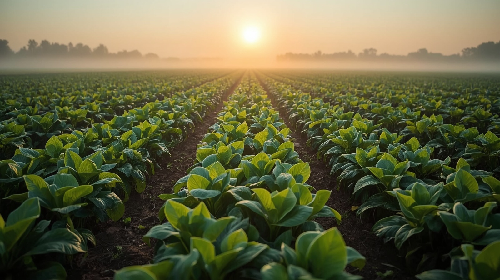Green crop field at sunrise