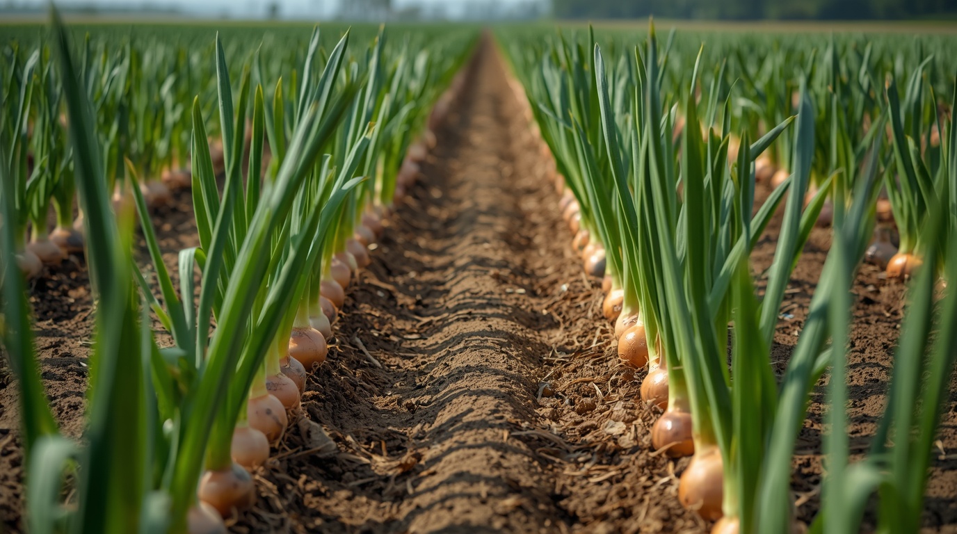 Onion rows in farm field